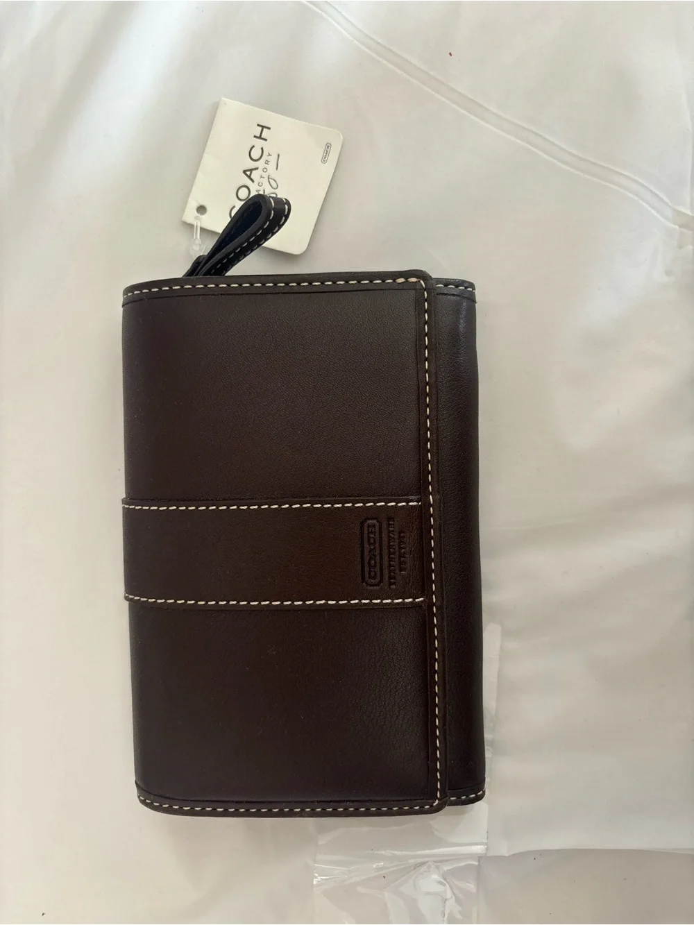 Coach Dark Brown Leather Travel Wallet with White Contrast Stitching